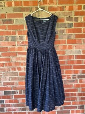 ModCloth Navy Polka Dot Sleeveless Midi Swing Dress lined w pockets